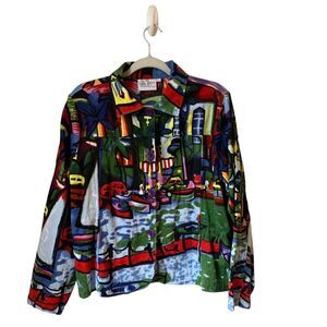 Michael Leu Wearable Art Jacket City Block Marina Boats  Button Front Women's L